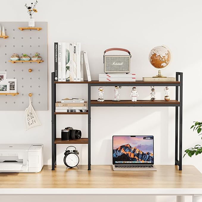 Snughome Adjustable Desk Shelf with Monitor Stand, 38.6" Desktop Organizer Hutch, Height Adjustable Computer Monitor Riser & 4 Tier Storage Bookshelf for Home Office Dorm