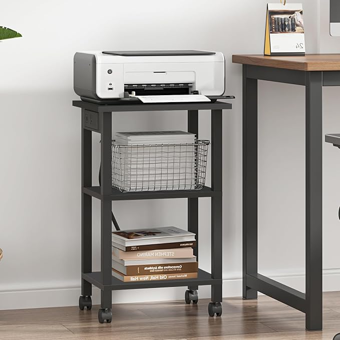 TUTOTAK Printer Stand, 3 Tier Rolling Printer Cart with Charging Station | Small Under Desk Printer Table with Wheels for Small Space, Office, Home, Black PS01BK001