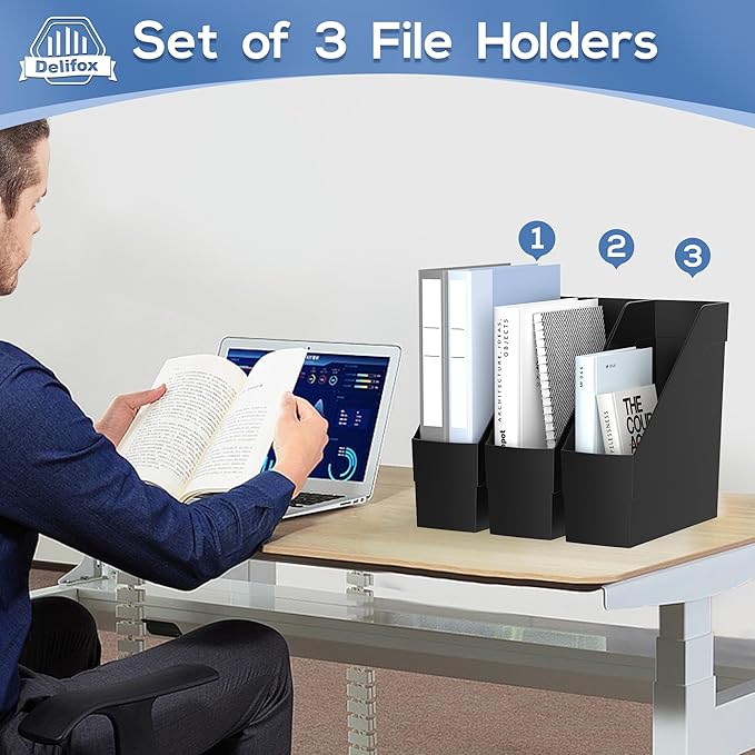 Delifox 3 Pack Magazine Rack, Plastic File Folder Bin Desk Organizer, Black