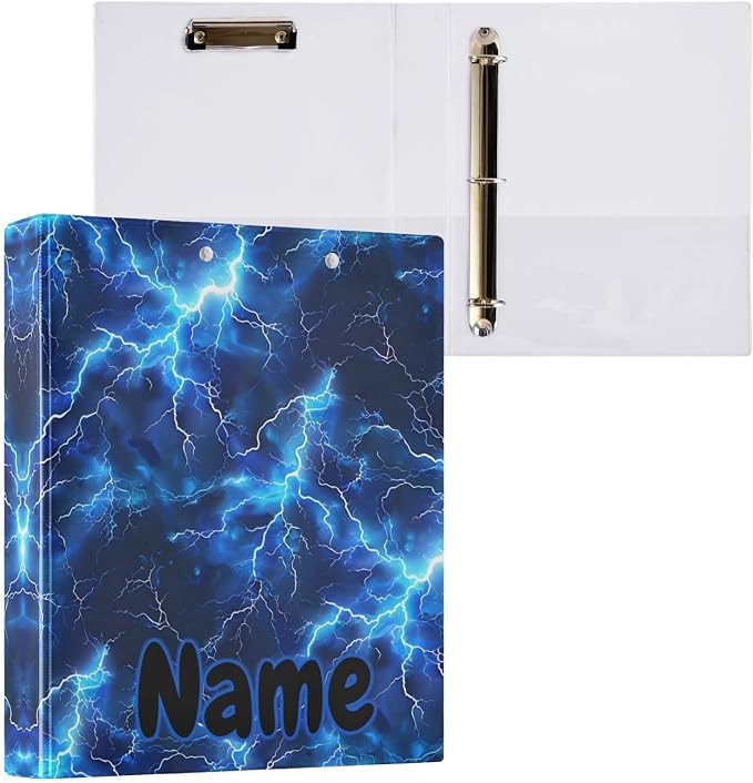 Custom 3 Ring Binder Blue Electric Lightning 1.5" Round Ring Binders Personalized Name View Binder with 200 Sheet for Kids School Supplies Women Men Office, 1 Pack