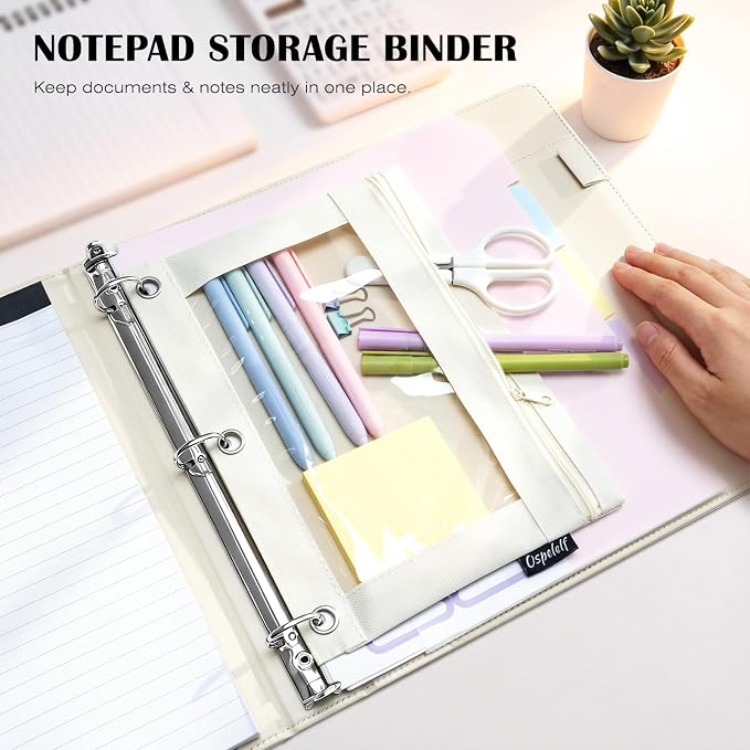 Ospelelf Leather 3 Ring Binder for Letter Size Documents with Pocketed Dividers, 1 Inch Round Rings, Holds 175 Sheets, Binders with Storage Bag & Notepad, for Office School Home Organization, White