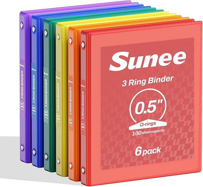 SUNEE 1/2 Inch Binders 3 Ring 6 Pack, 3 Ring Binders Half Inch Clear View PVC-Free (Fit 8.5x11 Inches) for School Binder or Office Binder Supplies, Classic 6 Colors