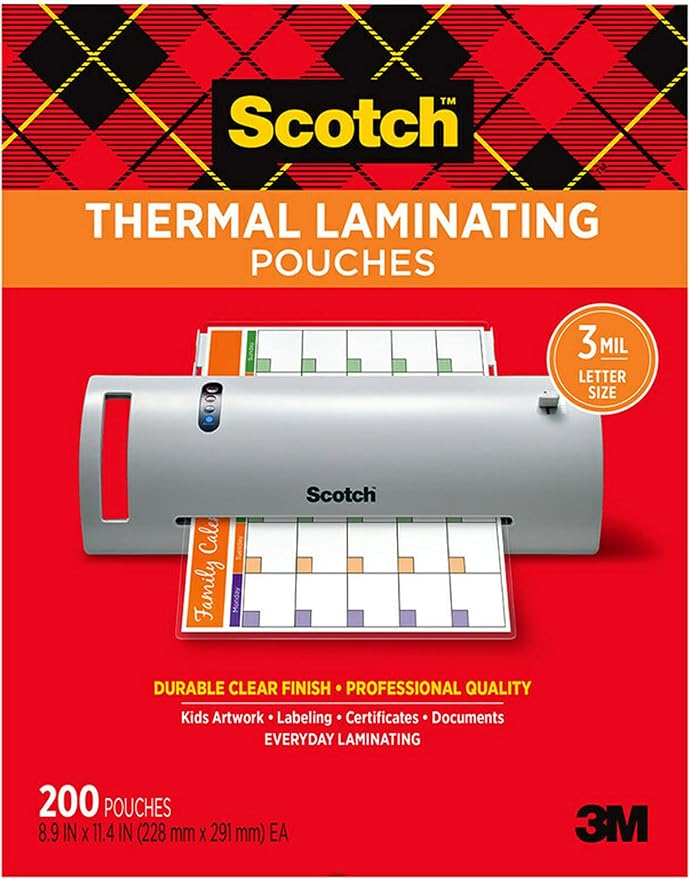 Scotch Thermal Laminating Pouches, 200- Count, 8.9 x 11.4'' & Thermal Laminating Pouches, 100 Count-Pack & Thermal Laminator, 2 Roller System(TL901X)
