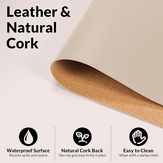 Leather Desk pad Protector, Large Desk mat with Natural Cork & PU Leather,Mouse pad,Non-Slip Office Desk Mat,Waterproof Desk Writing Pad for Office and Home (35in*17in,Beige)