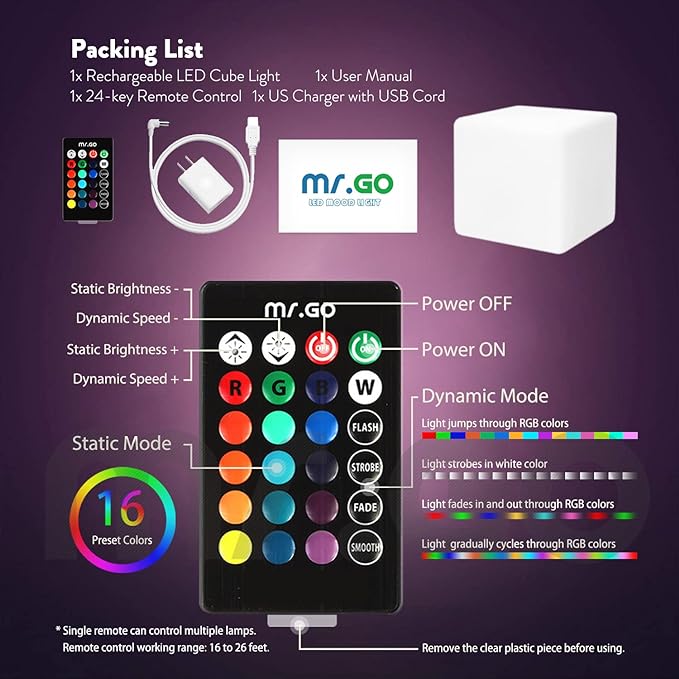 Mr.Go 14-Inch Color Changing LED Cube Light Stool, Glow Cube Seat for Kids | Modern LED Light Side Table, 16 RGB Colors Mood Lighting, Ideal for Home Garden Patio Bar Pool Party Decorative Lighting