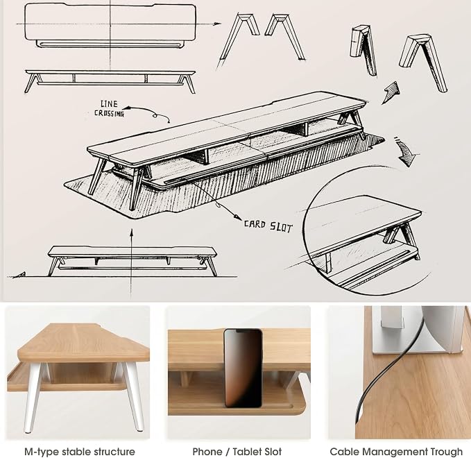 Fenge Dual Monitor Stand Riser, Wooden Desk Shelf with 2-Tier Storage | 42.5-Inch Wide, Sturdy Aluminum Legs, Built-In Phone & Tablet Slot, Desktop Organizer for Office Accessories