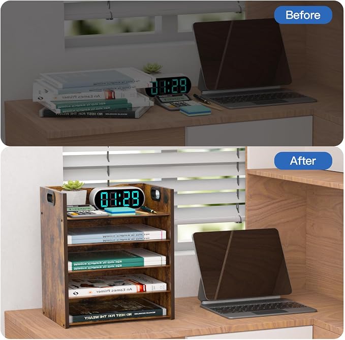 5-Tier Wood Paper Organizer, File Holder for Desk With Handle | Keep Desk Clean,Space Saving,Wooden Paper Letter Tray, Desk Organizer and Accessories, File Cabinet for Home Office, School