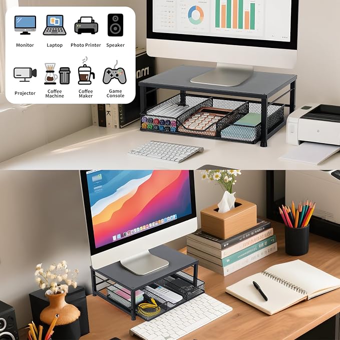 Small Laptop Stand for Desk, Monitor Stand Riser, Desk Organizer for Office Organization, Office Desk Accessories, Computer Desktop Stand with Drawer for Home, Office, School (Black)