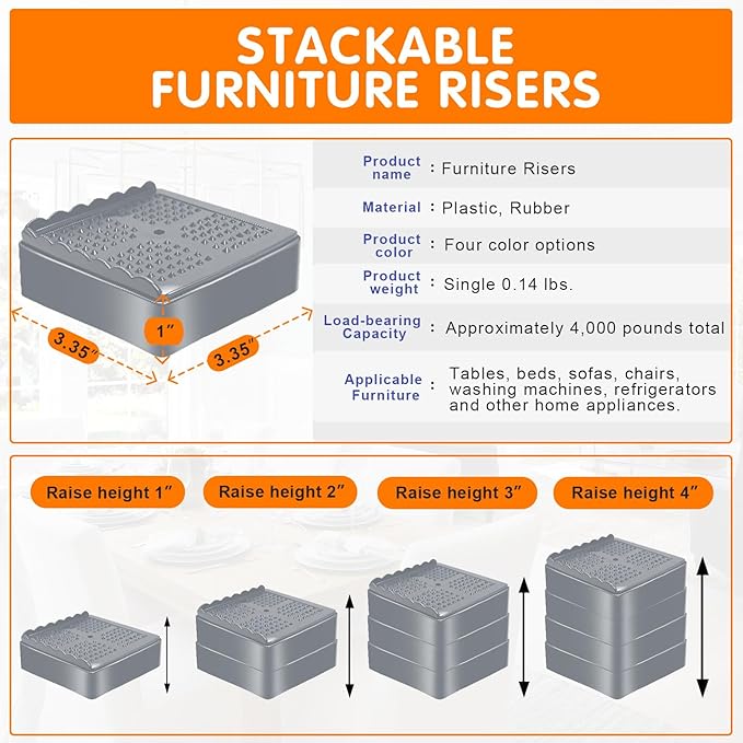 Furniture Risers, 4 Pack Bed Risers with Non-Slip Grip and Heavy Duty Support, 1 Inch 2 Inch 3 Inch 4 Inch Height Lift for Couch, Sofa, Table, Desk, Chair, Refrigerator - Gray, 1+1+1 Inch