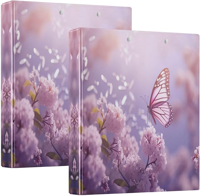 Flying Butterfly 3-Ring Binder 1.5 Inch 2 Pack Round Ring Binder Holds 200 Sheets with 3 Inside Pockets for Office Home Organization