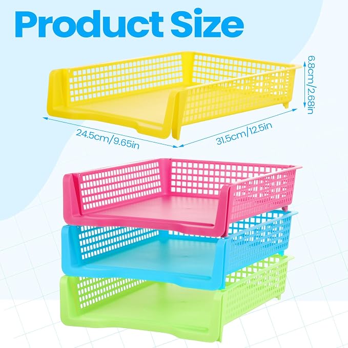 Weysat 6 Pcs Turn in Trays Classroom, Stackable Paper Tray for Classroom Organization Plastic Desk File Organizer Bin Basket for Library Drawer Teacher Office Document Storage (Rainbow,Narrow)