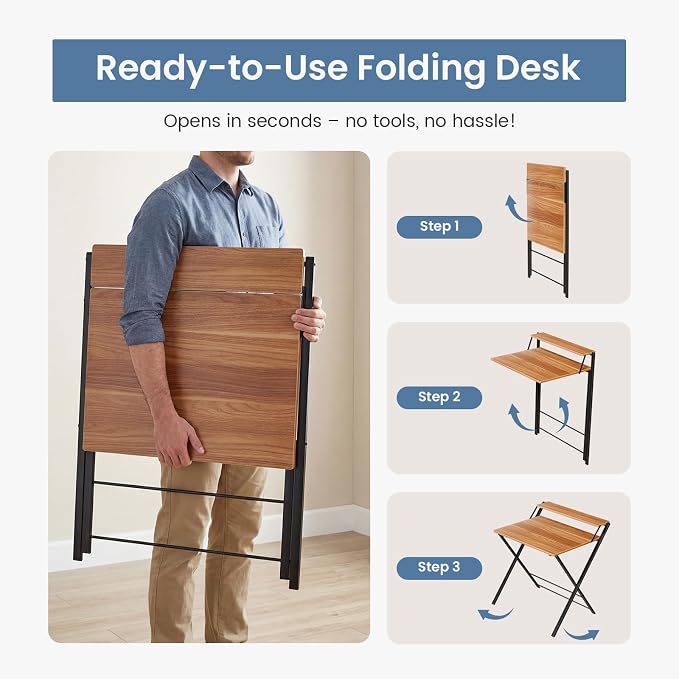 DUMOS Folding Desk No Assembly, Small Computer Desk with Shelf for Dorm | Portable Foldable Table for Laptop, Space Saving Desk for Home Office, Tight Spaces Apartment, Brown