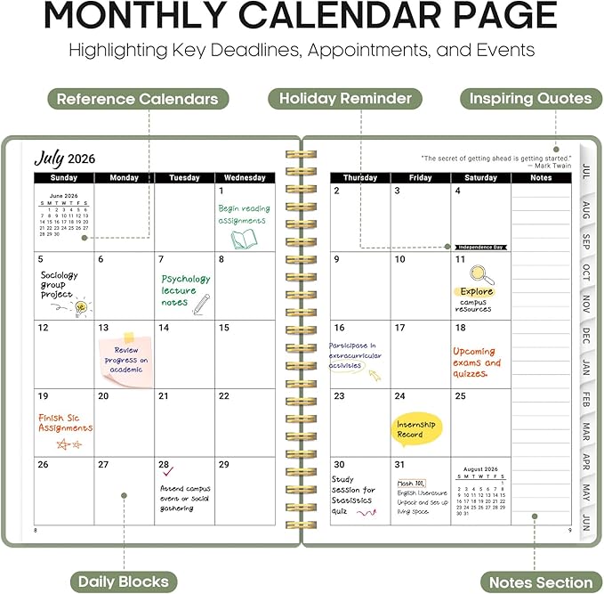 Taja Planner 2026-2027, 6.3" x 8.5" Calendar Planner, Jul 2026-Jun 2027 | A5 Hardcover Weekly & Monthly Academic Year Planner, Large Planning Agenda With Tabs, School & Office Supplies, Green