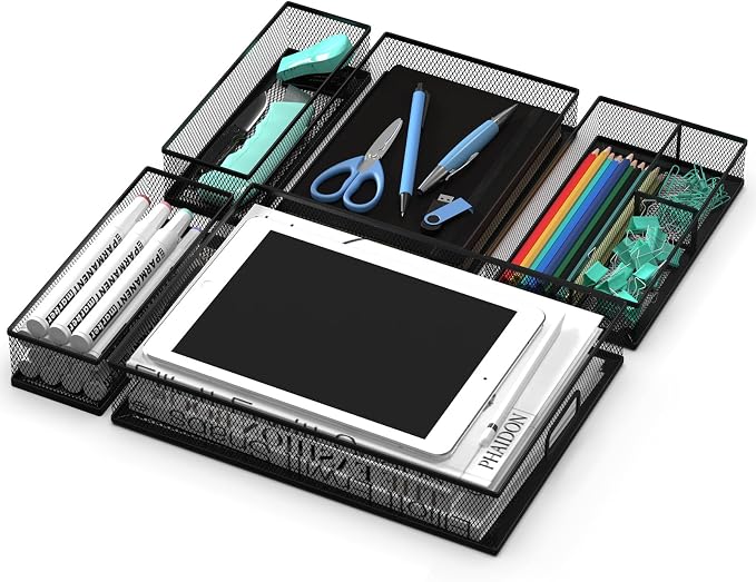5 Pack Desk Drawer Organizers, Metal Mesh Office Desk Drawer Organizer Tray, Paper Organizer Letter Tray for Desk Accessories, Pen Pencil Holder for Office, Home, School, Classroom