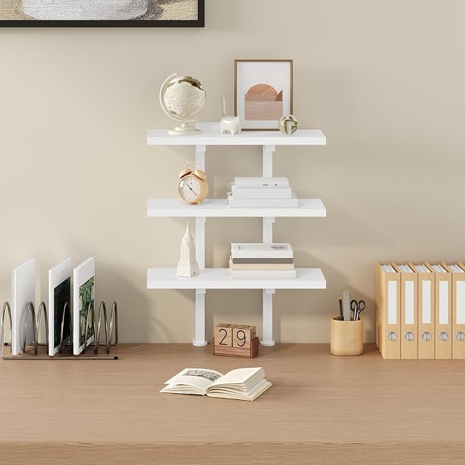 MAHANCRIS Clamp On Desk Organizer, 3-Tier Desktop Bookshelf, Adjustable Desk Storage Shelf, Metal Frame, for Office, Study and Game Room, White DSWT3601