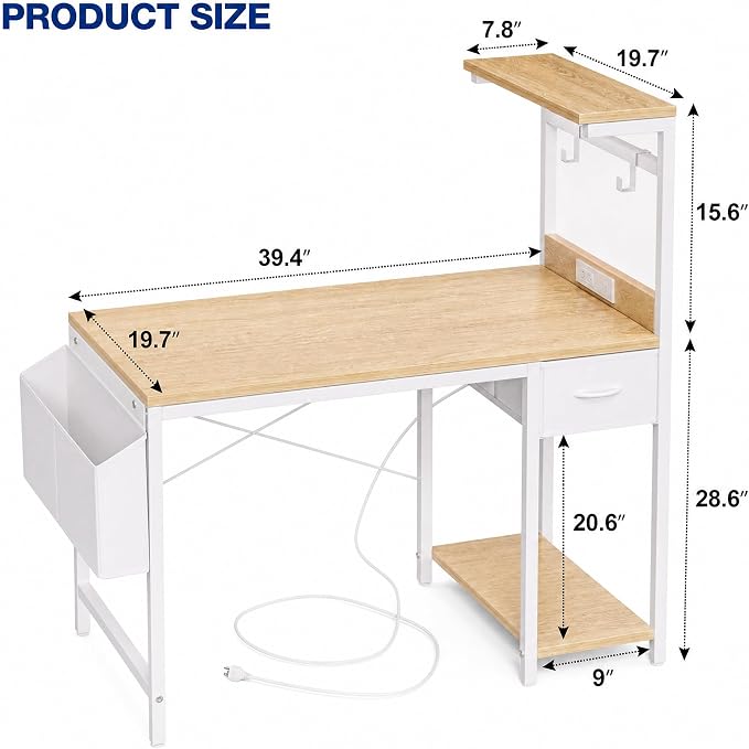 Grandder Computer Desk 40 Inch with Power Outlet and LED Light Oak | Gaming Desk with Reversible Shelves and Storage Drawer, Pc Small Desk for Home Office Table with Bag