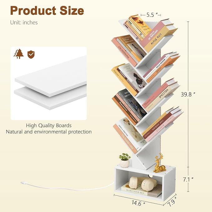 Hoctieon 9 Tier Tree Bookshelf, Tall Bookcase, Freestanding Book Shelf with LED Lights, Display Floor Standing Storage Shelf, Book Organizer Shelves for Home Office, Living Room, White