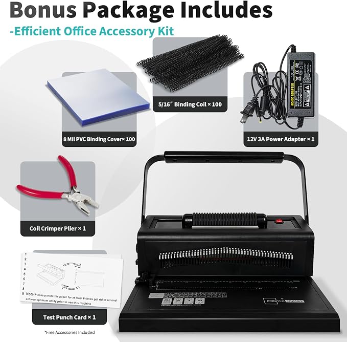 Binditek Spiral Binding Machine, 4:1 Pitch, 20-Sheet Punch, with Bonus Kit | 46 Disengageable Pins, Electric Coil Inserter, Adjustable Side Margin, with 100 8Mil PVC Covers, 100 5/16 in Coils and Pliers