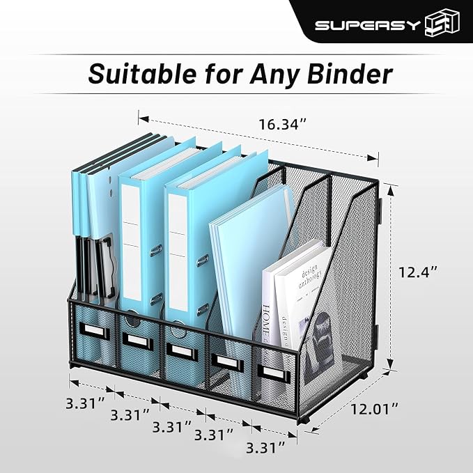 Desk Organizers Metal Desk Magazine File Holder with 16''x12''x12'' 5 Vertical Compartments Rack File Organizer for Office Desktop, Classroom, Home Workspace, Black Plus