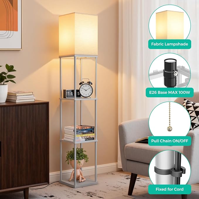 Floor Lamp with Shelves, 3-Tier Modern Square Bookshelf Standing Lamp Grey | 3 Color Temperature Bulb Included, Pull Chain Tall Lamp for Living Room Bedroom Corner Office Apartment Decor