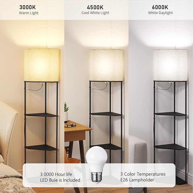 SUNMORY Sector Corner Shelf Lamp 3 Color Temperatures LED Bulb,Corner Lamps with Linen Lampshade, Floor Lamps for Living Room, Bedroom, Study, Black Standing Lamp with Shelves | 3 CCT LED Bulb Include, 4-Tier Display Bookshelf, 63" Tall Standing Lamp, ...