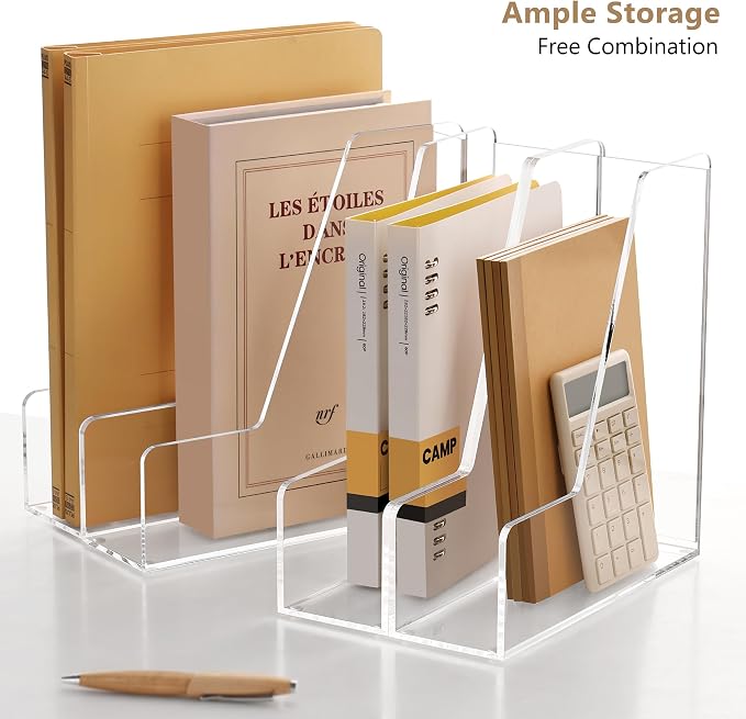 SANRUI 4 Pack Clear Acrylic Vertical File Organizer, Desk Organizer and Storage Bins Holding for Magazines, Binders, Notebooks, Envelopes, Multi-purpose Document Organizer for Home Office