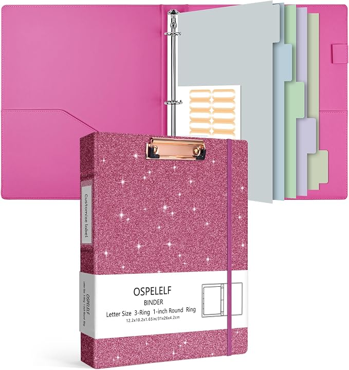 Ospelelf Leather 3 Ring Binder with Clipboard, 1 Inch Round Ring Vintage Hardcover Binder with Dividers and Tabs, Professional Binder Organizer for Office, School, Glitter Light Pink