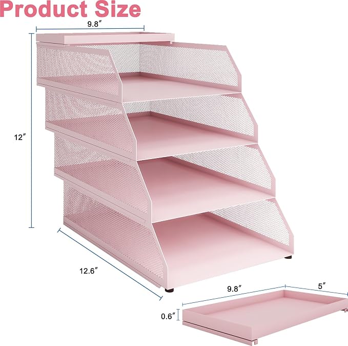 Natwind 4-Tier Stackable Metal Mesh Desk Paper Tray Organizer,Pink | Desktop Accessories for Office Supplies, Letter Tray For Paper Storage ,File Document Holder For Home School Classroom