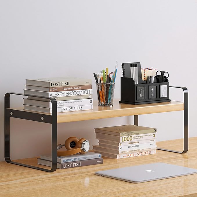 YGYQZ Desk Shelf Organizer, 1-Tier Desktop Bookshelf, Black & Wood | Cute Minimalist Style, Modular Desktop Storage, Space-Saving Organization, Ideal for Office & Dorm