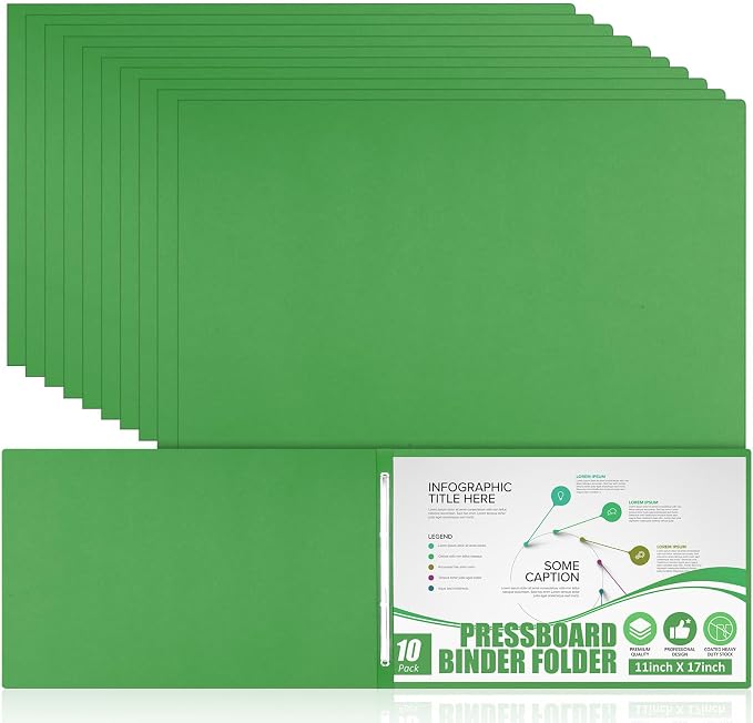 Resurhang 10 Pcs 11x17 Inch Pressboard Report Cover, 3" Capacity Presentation Binder Folder with Metal Prong Paper Fastener to Neatly Bind Reports Proposals Transcripts, Other Documents (Green)