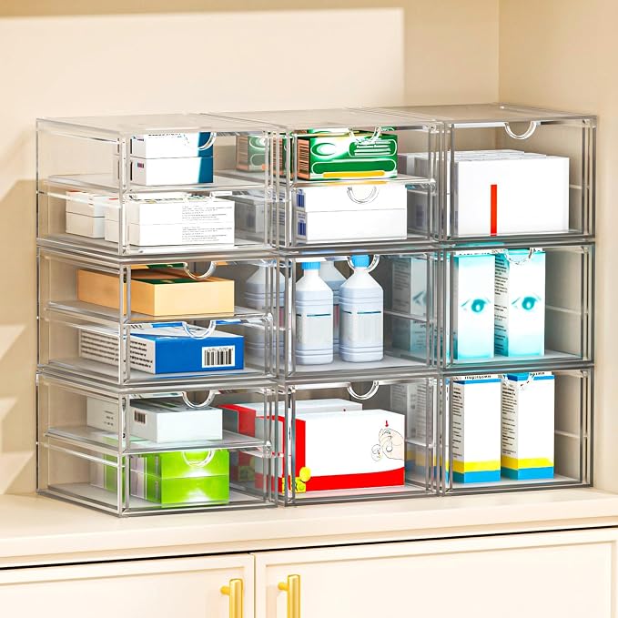 4-Pack 4-Drawer Acrylic Storage Organizer for Desk, Crafts,Vanity | Smooth-glide drawers, clear body, dustproof, wipe clean, for paintbrushes, beads, sequins, googly eyes, embroidery floss