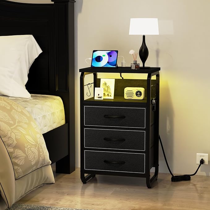 runjuly End Tables Set of 2 with Charging Station, LED Lights, Hooks, Black | 3 Large Fabric Drawers, USB C Ports & Power Outlets, Metal Night Stand Pair, Storage Nightstand for Living Room / Bedroom