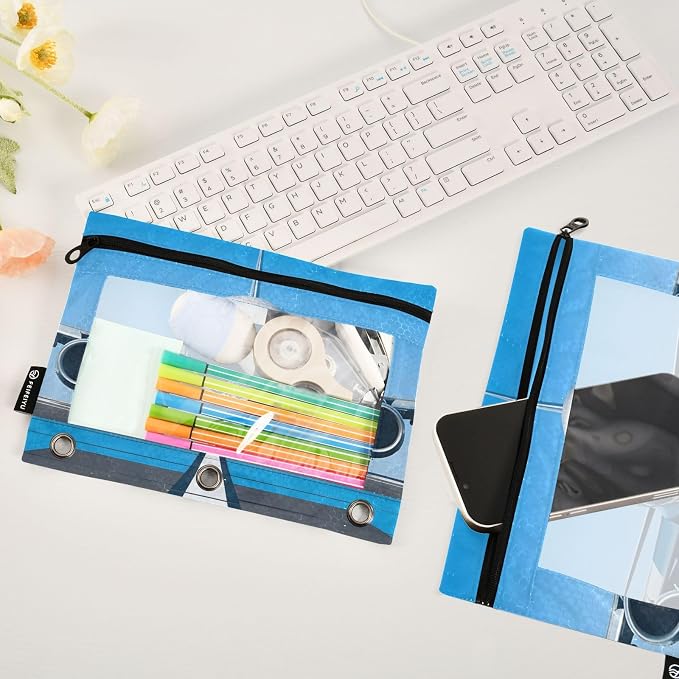 White Airplane Aircraft Pencil Pouch for 3 Ring Binder, 2 Pack Waterproof Pencil Bags Clear Window Pencil Case Zipper School Office Supplies