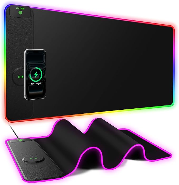 RGB Gaming Mouse Pad with 15W Magnetic Wireless Charging, 31.5'' x 15.8'' | 24 Lighting Effects Desk Mat LED Mousepad with Non-Slip Rubber Base, Light up Your Desk, Waterproof Ultra-Smooth Surface