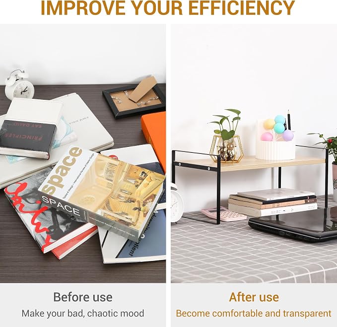 YGYQZ Desk Shelf Organizer, 1-Tier Desktop Bookshelf, Black & Wood | Cute Minimalist Style, Modular Desktop Storage, Space-Saving Organization, Ideal for Office & Dorm