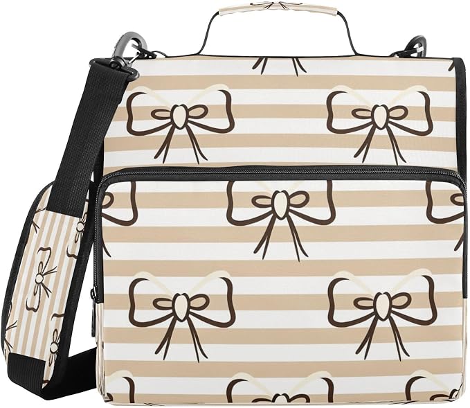 Zipper Binder 3 Ring, 1.5 Inch D-Ring Beige Stripes File Folder Organizer | Multi-pocket Storage; Expanding Pocket; Secure Travel Document Organizer; Ideal for Commuting, Travel, Office and School