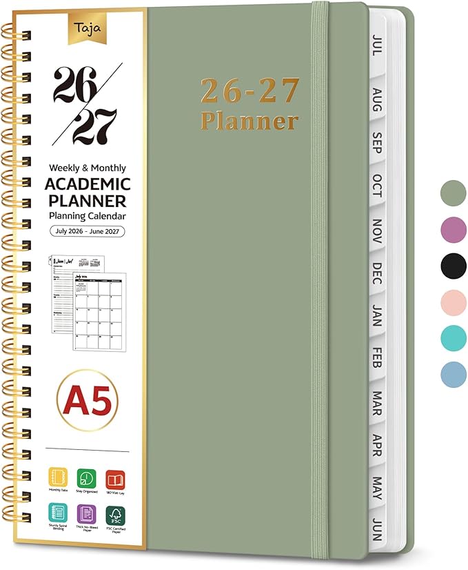 Taja Planner 2026-2027, 6.3" x 8.5" Calendar Planner, Jul 2026-Jun 2027 | A5 Hardcover Weekly & Monthly Academic Year Planner, Large Planning Agenda With Tabs, School & Office Supplies, Green
