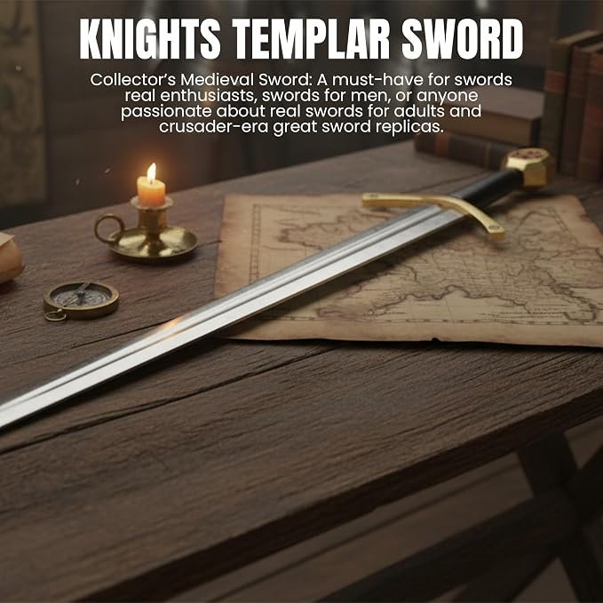 SZCO 37" Knights Templar Sword – Medieval Crusader Decorative Knight Sword with Black Leather Wrapped Handle & Matching Leather Scabbard for Adults, Cosplay & Display