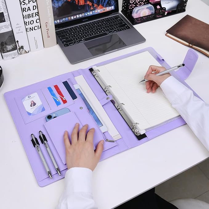 Wonderpool A4 PU Leather 3 & 4 Ring Holder Writing Portfolio Multi Document Case with Removable Binder Clipboard and Functional Pocket for Organizer Office Travel School (Purple)
