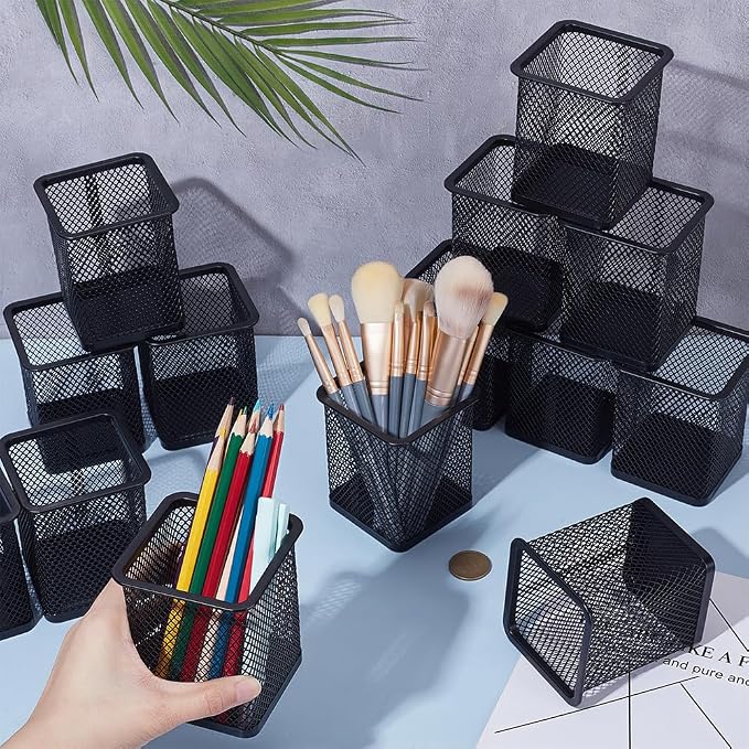 16 Pack Square Black Pen Holder, Metal Mesh Pencil Cups Bulk Pencil Holder Organizer Mesh Pen Holder for Desk Office Supplies School Classroom Desktop Accessories Makeup Brush