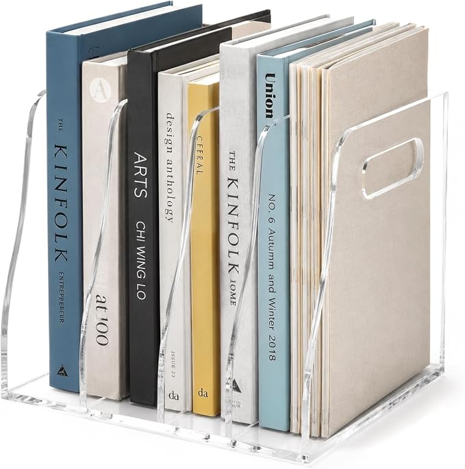 Acrylic Magazine File Holder, 4 Vertical Clear File Organizer Desk Organizer, Compartments Desk Document Sorter, Stores Books, Magazines, Notebooks, Multi-purpose Document Organizer for Home, Office