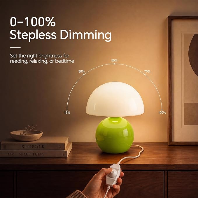 Mushroom Lamp Table Lamp for Bedroom-Small Desk Table Lamps,Green | 8.7" Mid Century Modern Table Lamps for Living Room Bedroom Decor,Cute Ceramic Lamps for Mushroom Home Room Decor,Glass Shade