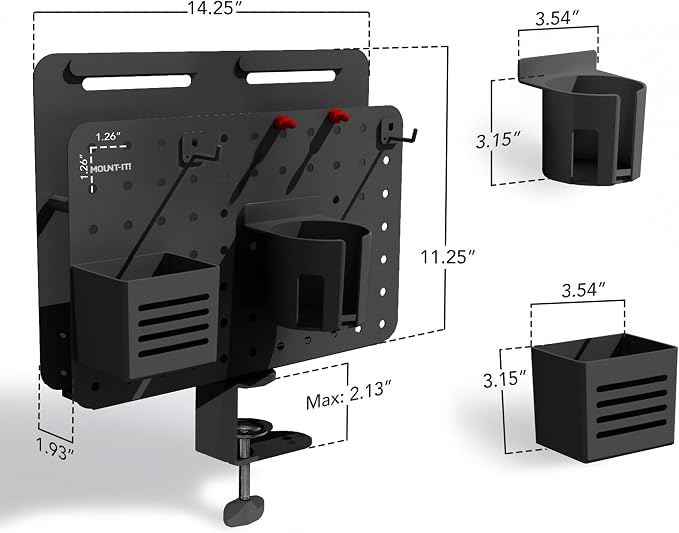 Mount-It! Desk Pegboard Organizer, 360 Rotation, Black | Clamp-on desk storage with cup holder, pen holder, hooks & magnets for home office, workshop & crafting stations.