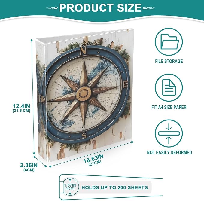 3 Ring Binder Vintage Nautical Compass 1.5 inch Binders Three Ring Binders with Clipboard Fit 8.5'' x 11'' Paper 3 Interior PVC Clear Pockets for Office Supplies