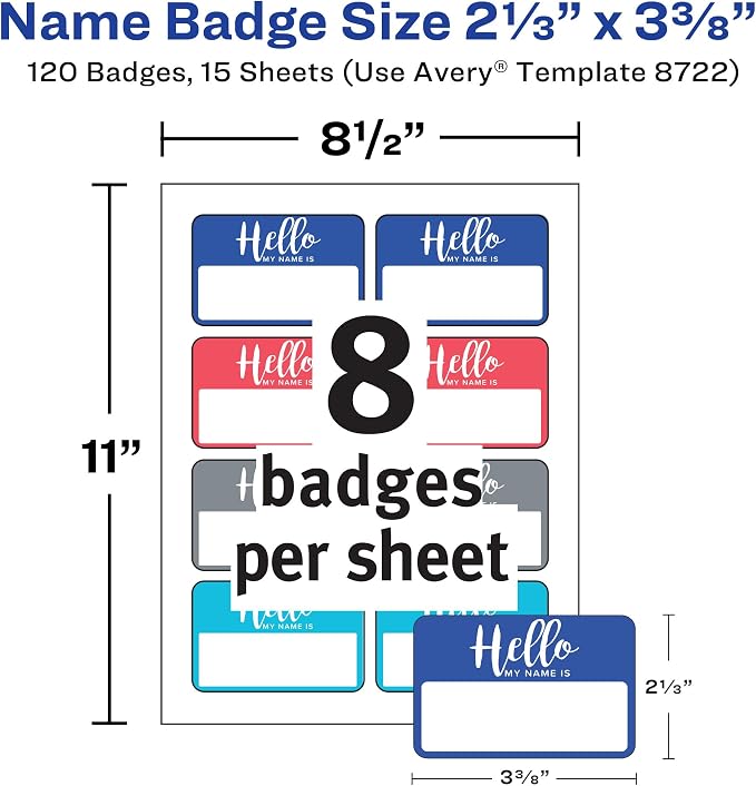 Avery® Flexible Name Tags, Hello My Name is, 2-1/3" x 3-3/8", White, Assorted Colored Border, Removable Adhesive, Laser/Inkjet Printable, 120 Total (8722)