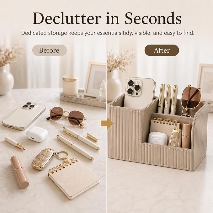 Desk Pen Organizer Office Supplies Caddy Pu Leather Multi-function Storage Box Pen/Pencil,Cell phone, Business Name Cards Remote Control Holder (Mocha Beige)