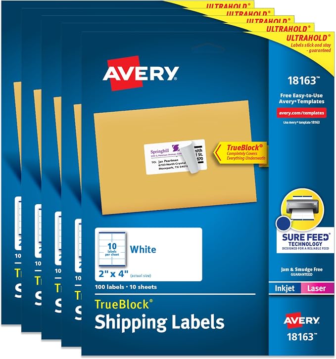 Avery Printable Shipping Labels with Sure Feed, 2" x 4" Customizable Stickers, White, 500 Blank Mailing Labels, Great for Mailing, Shipping, and More (5-Pack of 18163)