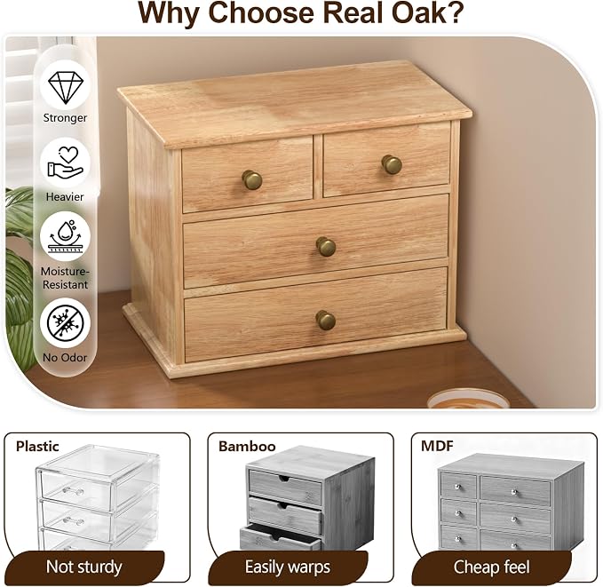 Oak Desk Organizer with Drawers, Durable Wooden Desktop Storage Box | 4 Drawer Tabletop Organizer with Metal Handle & Non-Slip Pad for Office, Bedroom, Bathroom, Vanity, Makeup, Light Burnt Brown
