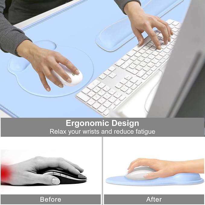 Dapesuom Large Gaming Mouse Pad, Mouse Pads with Wrist Rest Wrist Support, 4in1 Big XXL Desk Mat Desk Pad + Ergonomic MousePad + Memory Foam Keyboard Mat Wrist Rest + Coaster Set for Computer,Sky Blue