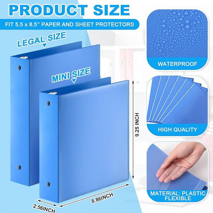 Henoyso 2 Inch 6 Pack Mini Clear View 3 Ring Binders for 5.5"x8.5",Blue | Holds 490 Sheets, Clear Front Covers, Flexible Plastic Binder Bulk, Three Round Rings, School Office Report Filing, Planners